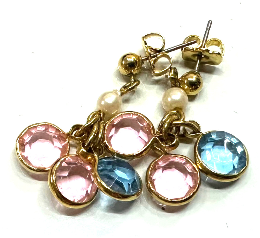 Vtg Costume Gold Tone Pink & Blue Pierced Earrings Jewelry Lot I
