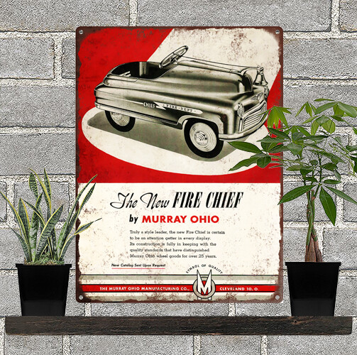 1948 Murray Fire Chief Fire Dept Pedal Car Man Cave Metal Sign Repro 9x12