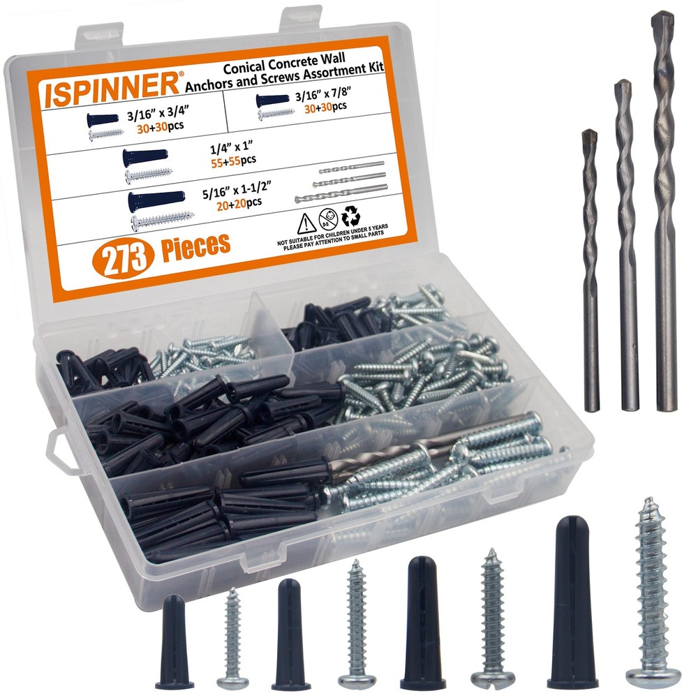 273pcs Conical Concrete Wall Anchors Screws Drill Bit Assortment Kit, 135pcs