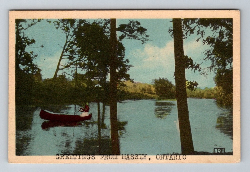 Canada- Massey Ont. Greetings Scenic Lake View Canoeing Vintage c1953 Postcard