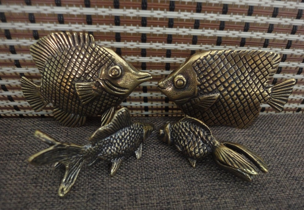 2 Pairs Solid Brass Couples Fish Figurines Vintage Style Statues for Anniversary