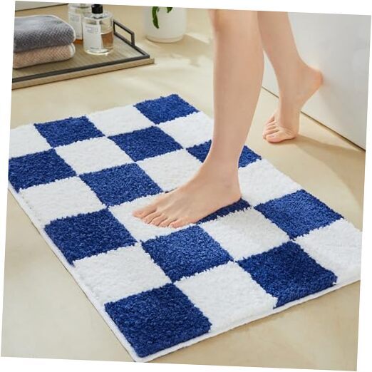 Luxury Microfiber Checkered Bathroom Rugs, Checkerboard Bath Mat 26x16 Navy