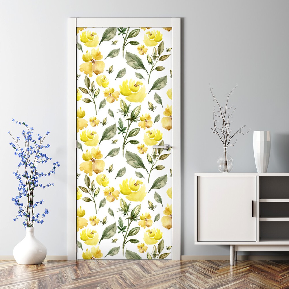 Yellow Flowers Bubble Free | Delicate Watercolour Flowers | Nursery Door Sticker