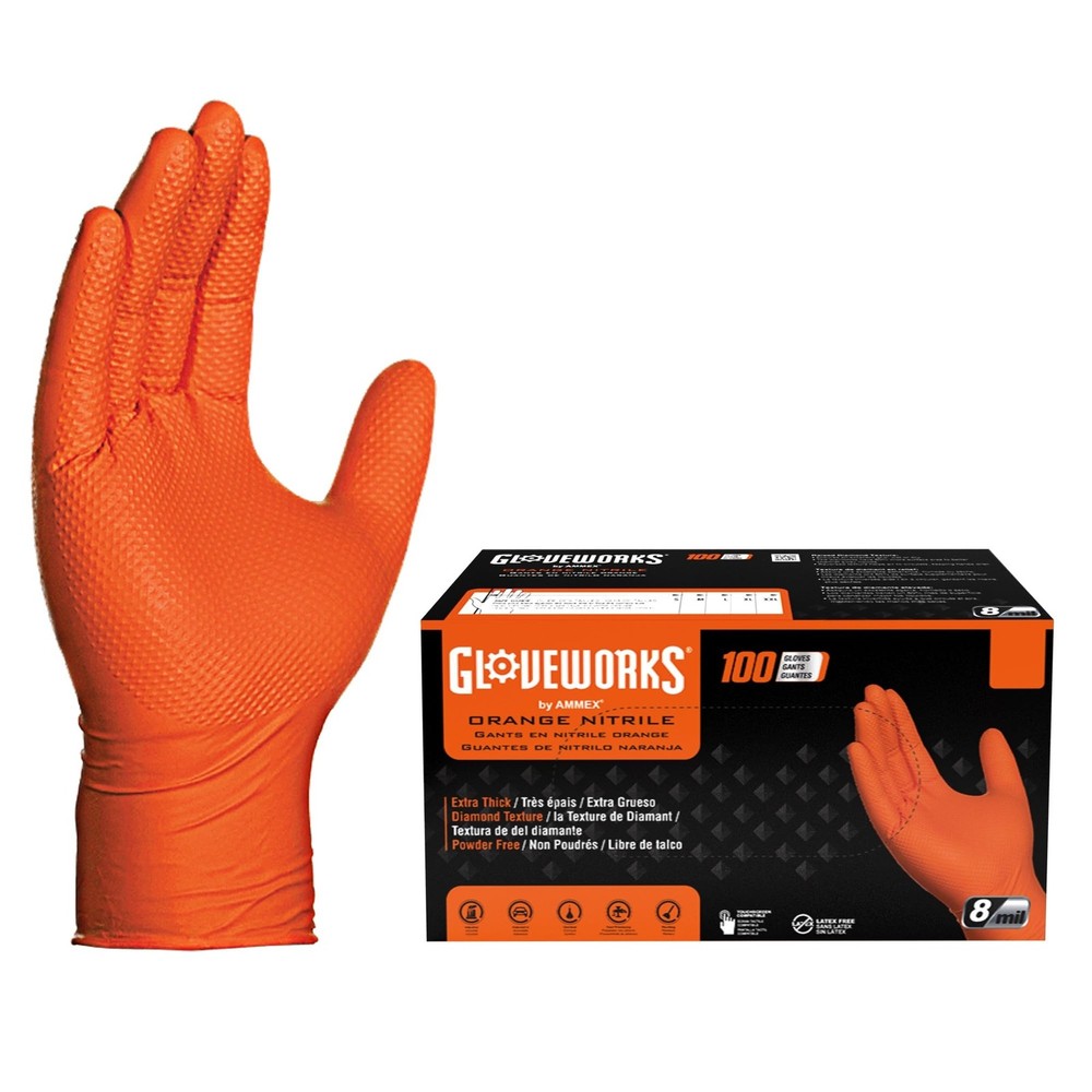 Heavy-Duty 8 Mil Orange Nitrile Gloves Latex-Free Textured Grip