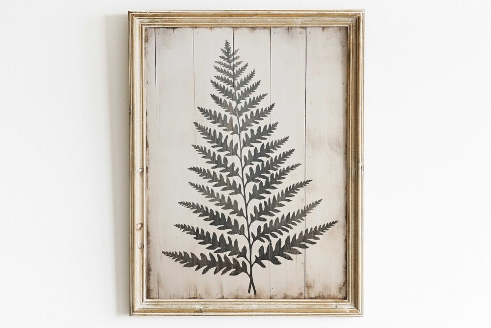 Fern Print Fern Frond Wall Art Black White Botanical Rustic Home Decor Wood
