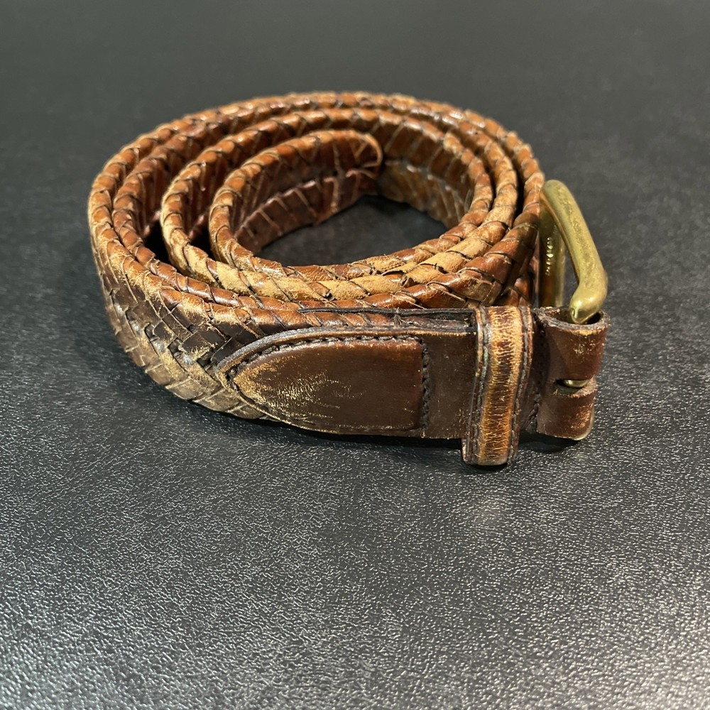 Eddie Bauer Mens 38 Belt Braided Weave Genuine Leather Brown Brass Buckle