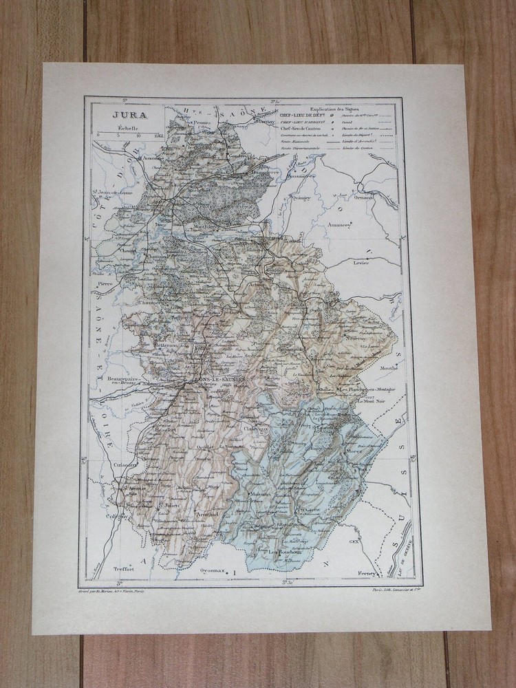 1887 Antique Original Map Of Department Of Jura Lons-Le-Saunier / France