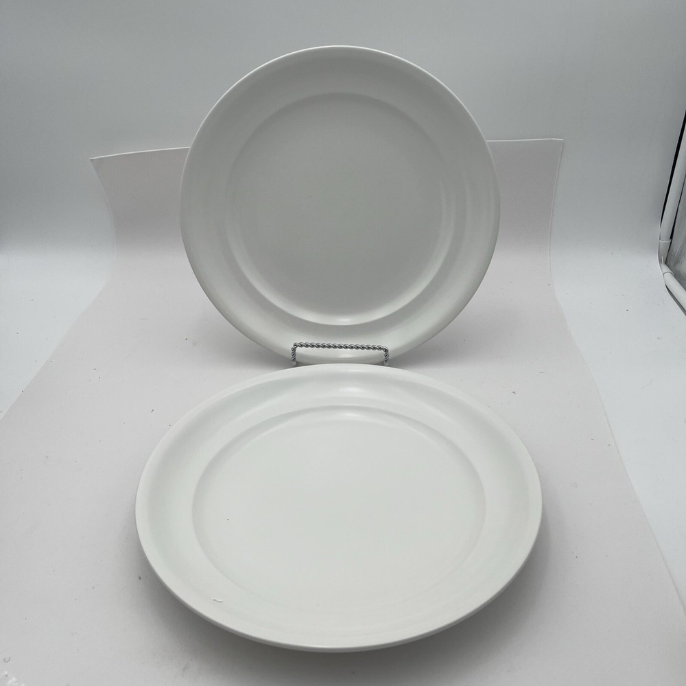 SET OF 2 Over And Back Rimmed Semi Matte DINNER PLATES- China 10 3/4” White NWOT