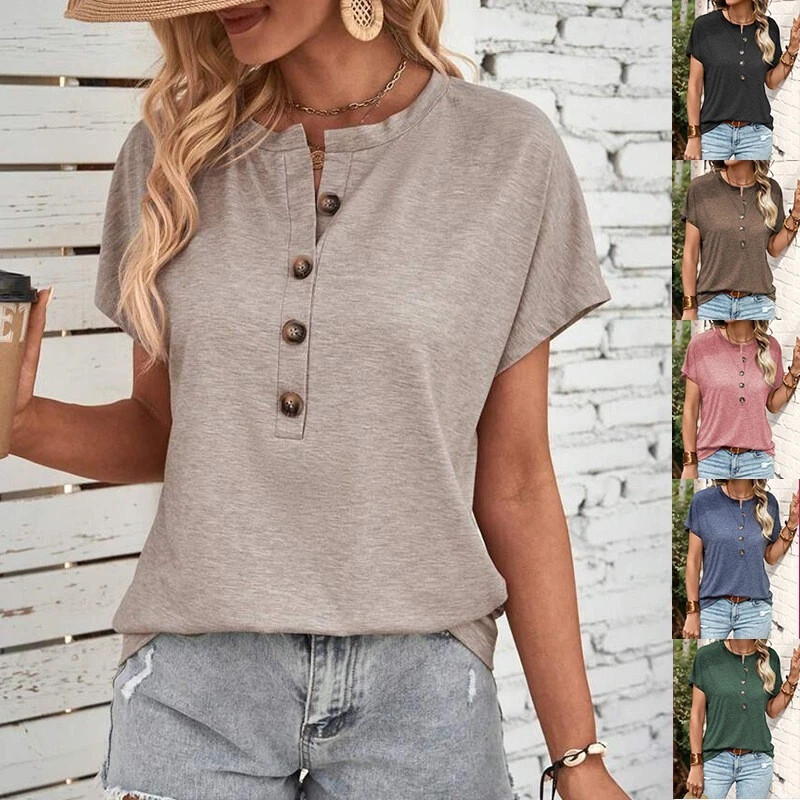 Womens Casual Batwing Sleeve Henley T Shirt Half Button Solid Summer Top