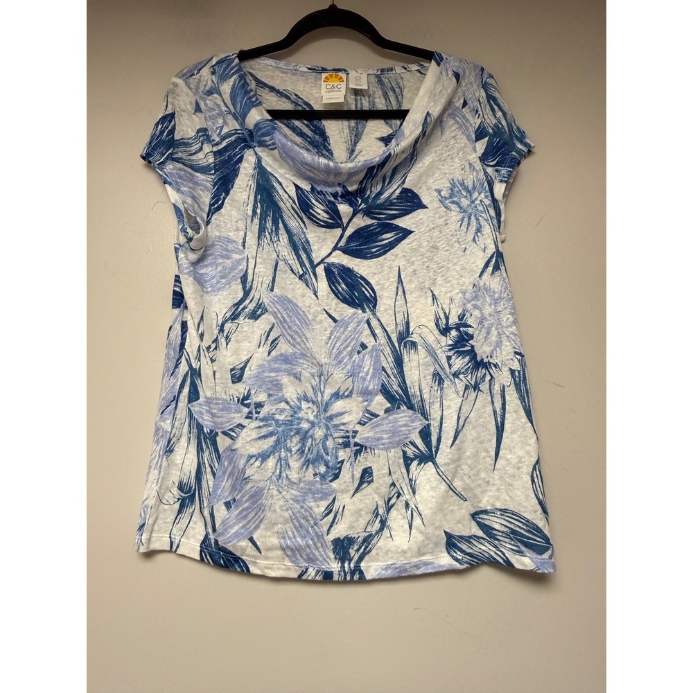 C&C California Womens Blue Floral 100% Linen Cowl Neck Short Sleeve Top Medium