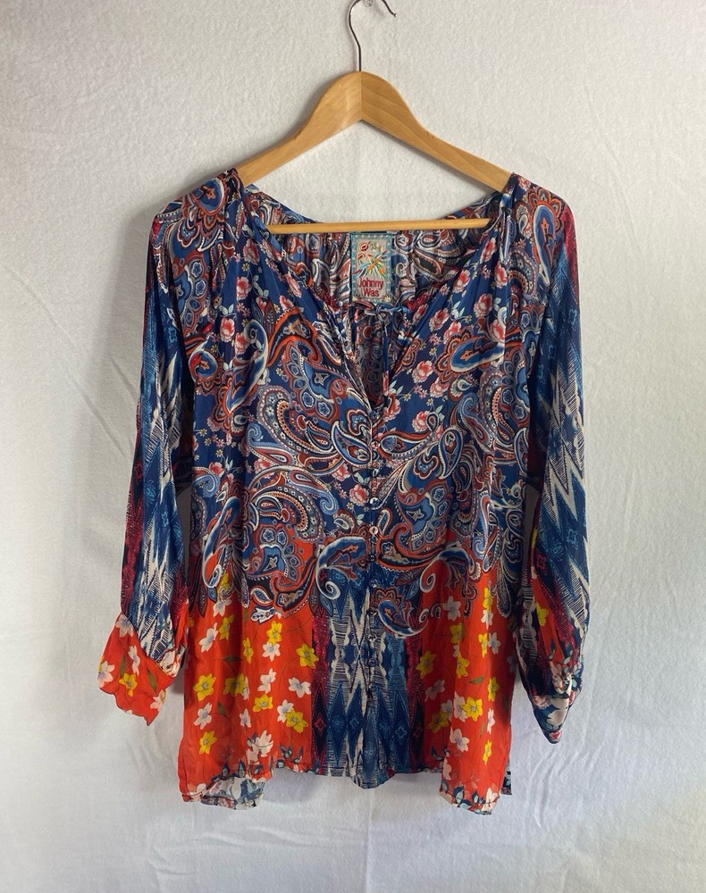 Johnny Was Floral Paisley Boho Lunamo Ingrid Top Women's Blue Red Blouse Size S