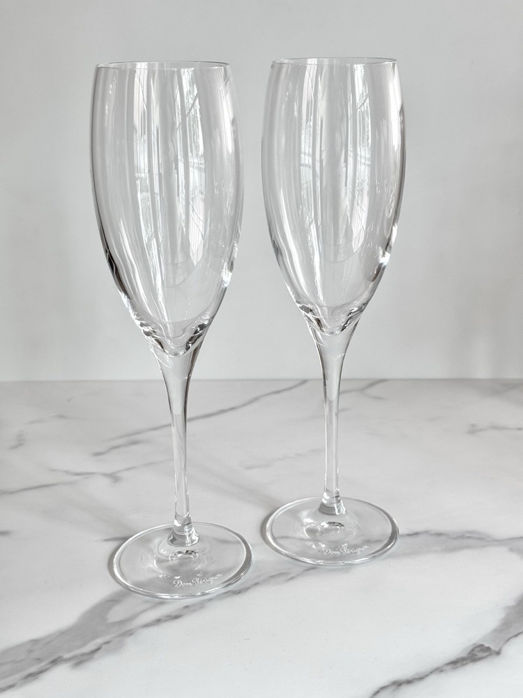2 Dom Perignon Crystal Champagne Flutes Glass France Signed Authentic White Dot