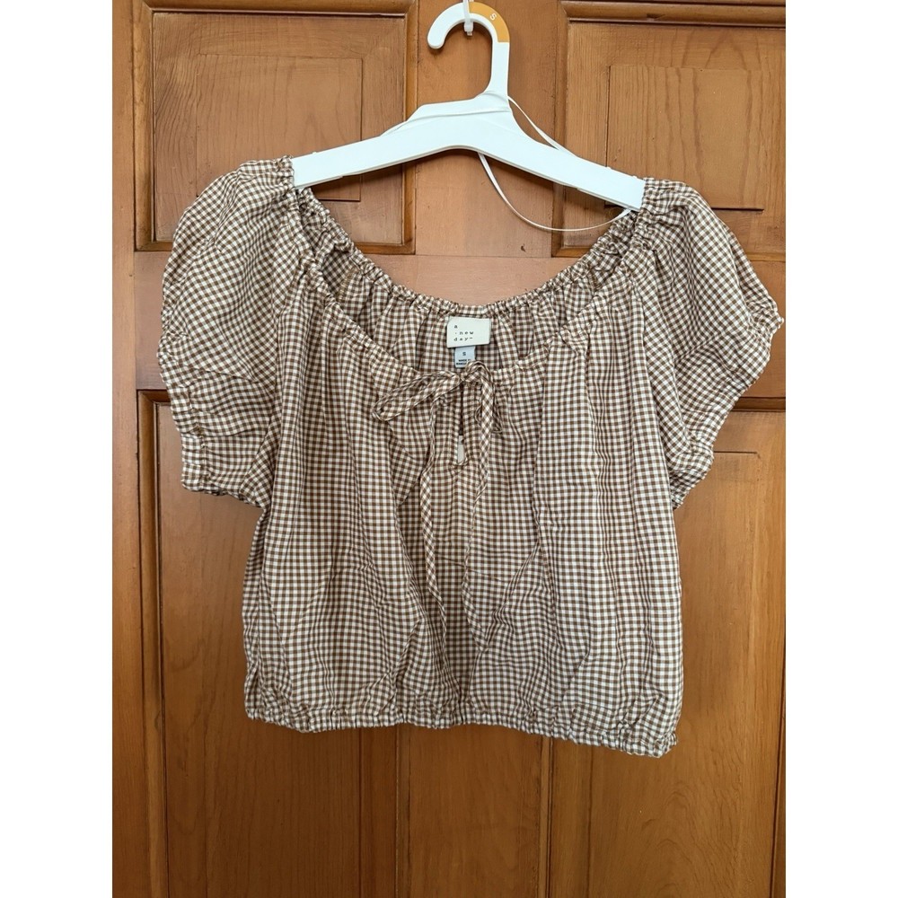Women's A New Day Brown & White Gingham Blouse Puff Sleeves Size Small NWT