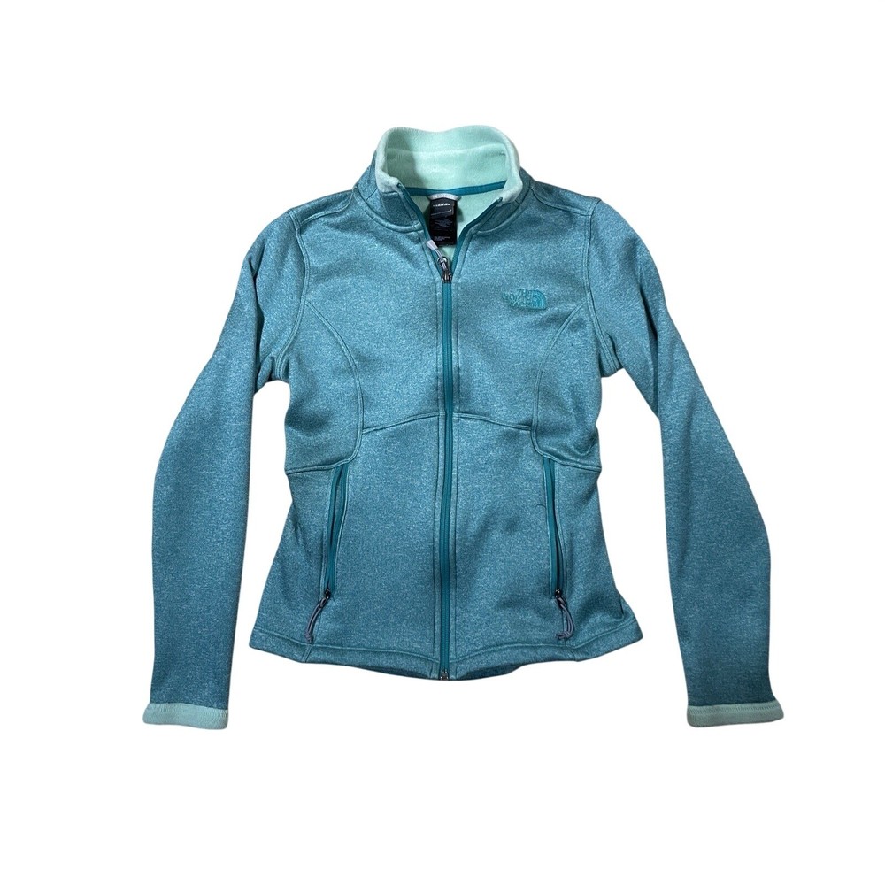 The North Face Womens XS Teal Heathered Full Zip Fleece Jacket Soft Shell Mock