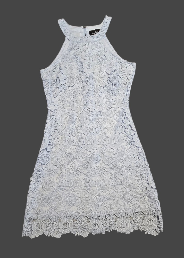 Lulus Love Poem Light Blue Lace Mini Dress Halter Neck Size Small