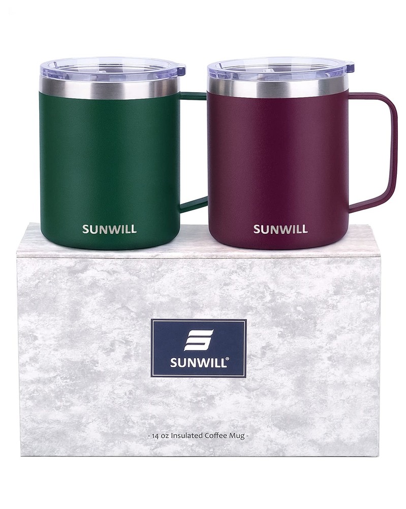 Coffee Mug Set with Handle and Lid 14 oz, Insulated Camping Mug 2 Pack, Doubl...