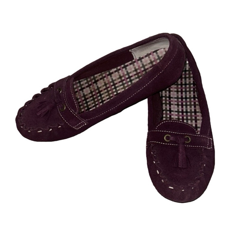 Lands End Suede Moccasin Flats Purple Leather Tassel Slip On Shoes Size 8