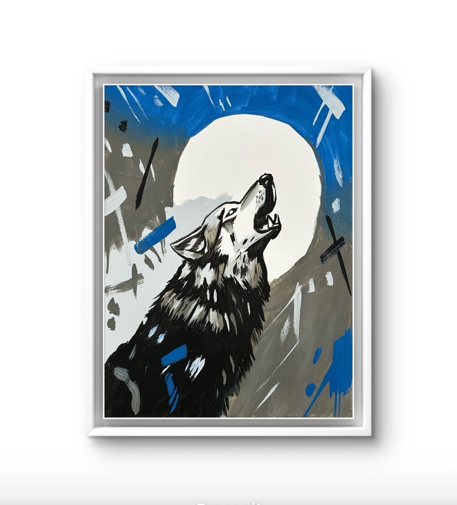 Original Abstract Wolf Howling Painting 14x11 canvas Modern Wall Art Home Decor