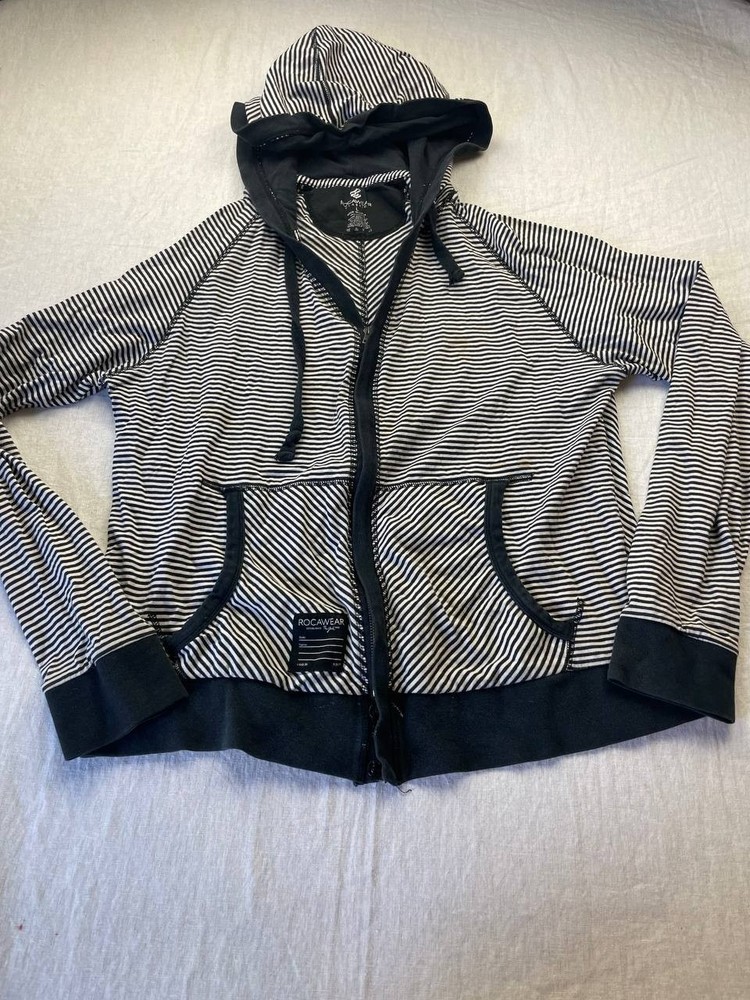 Rocawear Classic Hoodie Sweatshirt Womens Large Black White Striped Full Zip