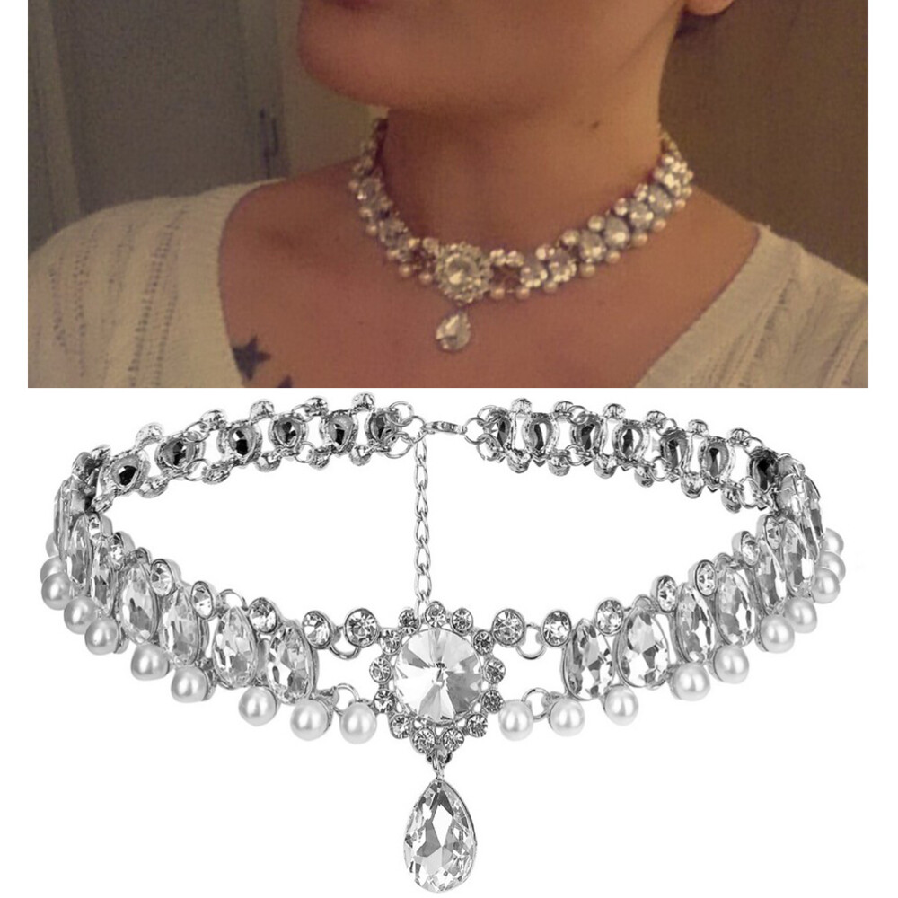 Rhinestone Choker Necklace Simulated Pearl Miss