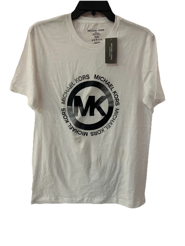 Michael Kors Foil Logo T Shirt Women’s Small White MK Shimmer Graphic NWT