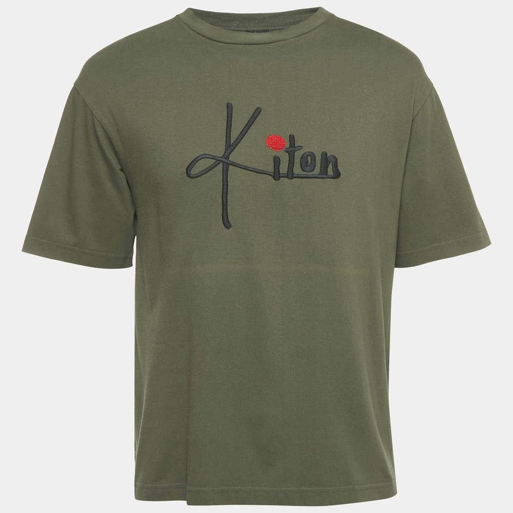 Kiton Olive Green Logo Embroidered Crewneck TShirt S