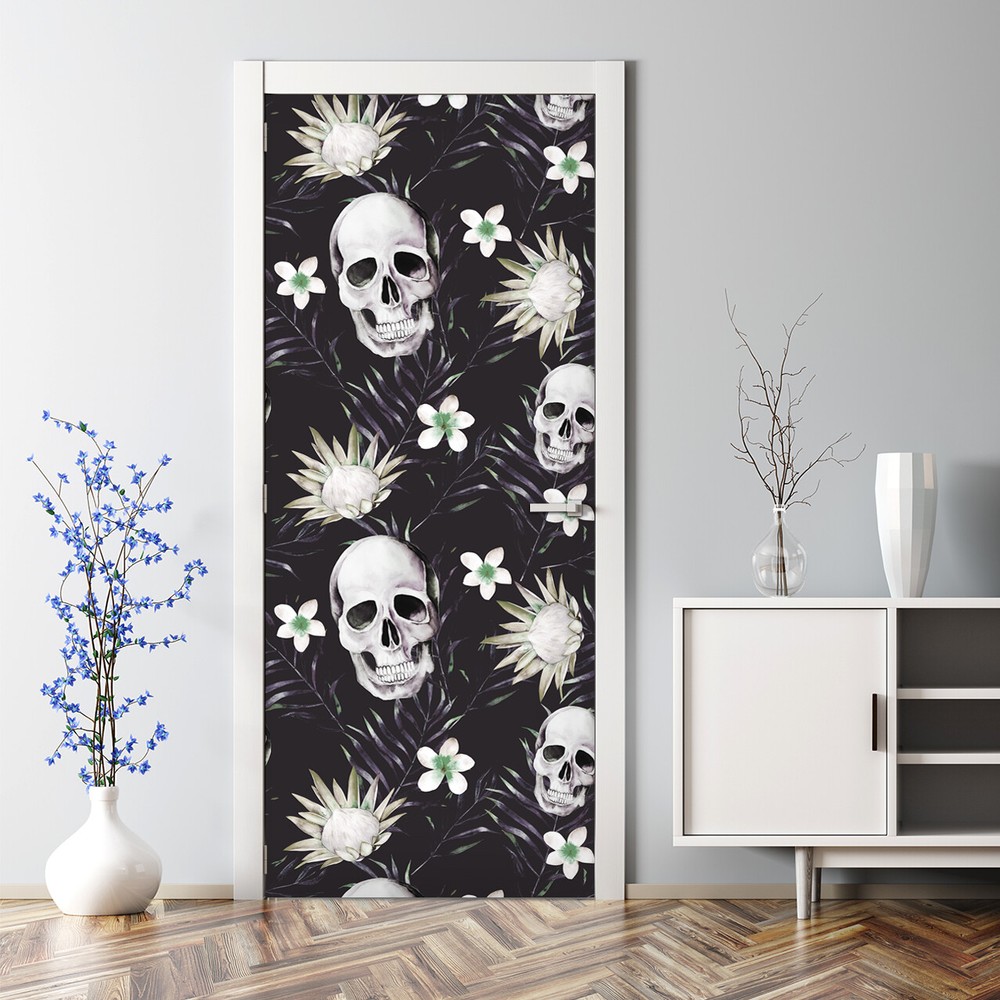 Skulls With Flowers Bubble Free Modern Floral Composition Wallpaper Door Decal