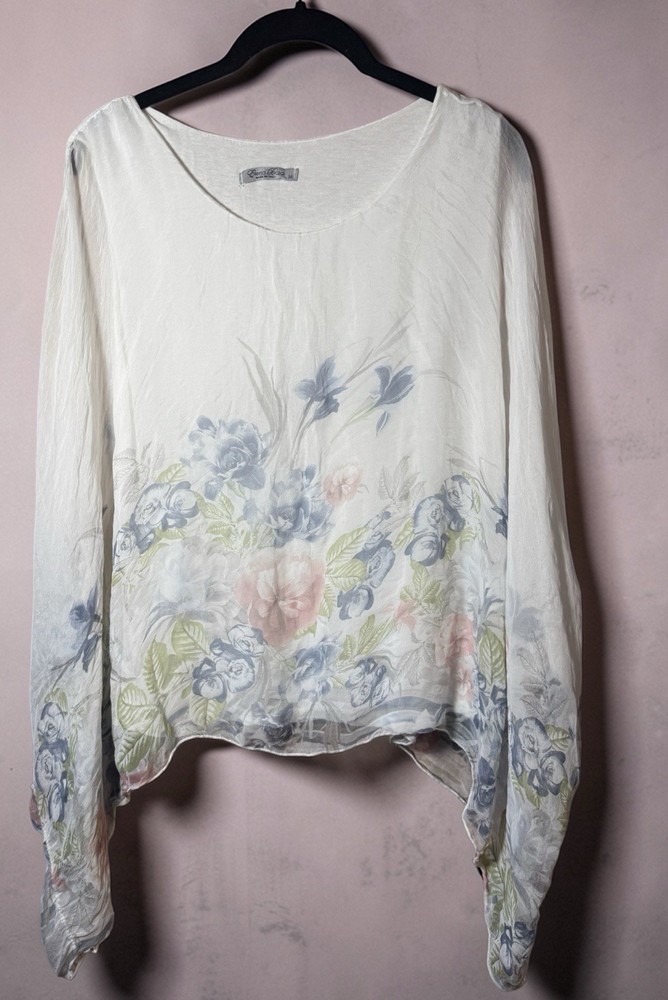 Floral Silk Poncho Cape Top Blouse Fairy Boho Romantic Elena Baldi Summer, Med