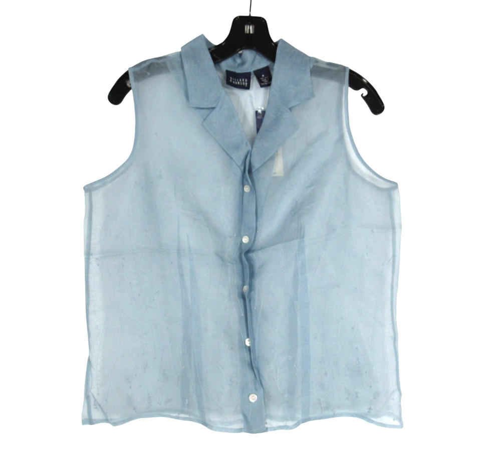 NWT NOS Pale Blue SILK ORGANZA Sleeveless FLORAL PATTERN Button-Up SHIRT/TOP M