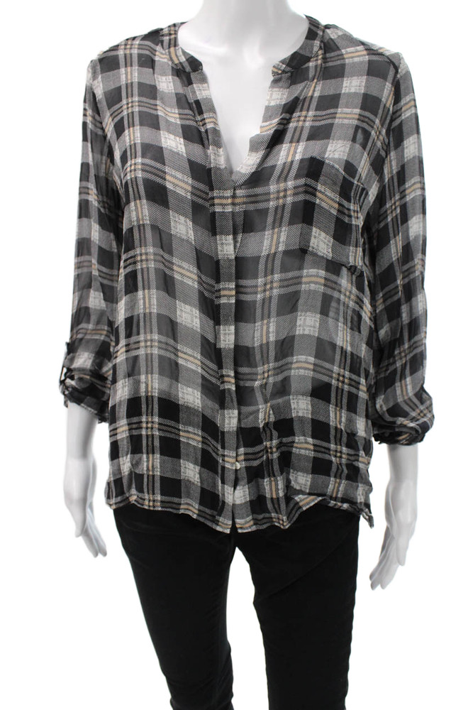 Joie Women Tunic Blouse Black Plaid V-Neck Long Sleeve Size XSFree Shipping in US $100+ Orders | $6.95 Orders Below