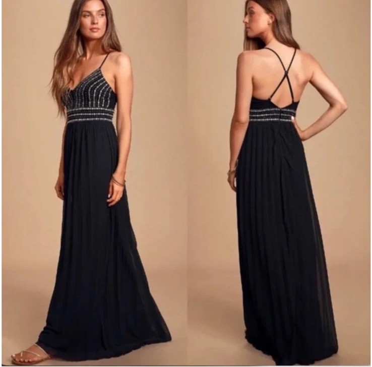 Lulus Glamorous Gala Black Embroidered Maxi Dress size Medium NWT