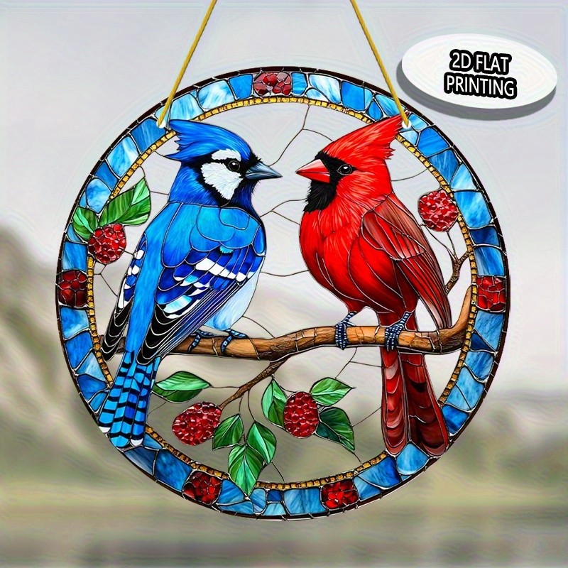 Bohemian Blue Jay Cardinal Sun Catcher 8x8 Acrylic Berry Decor