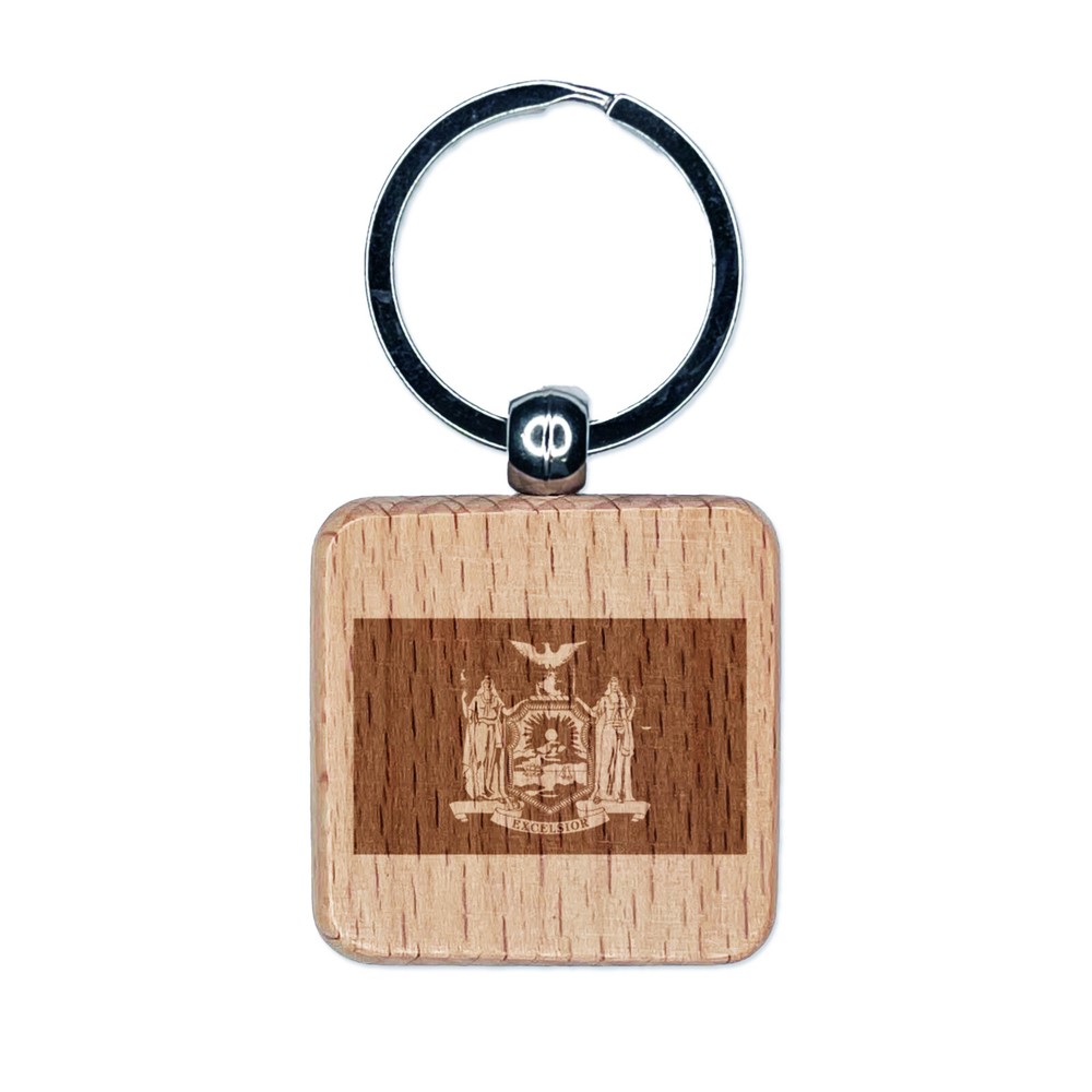 NY State Flag Engraved Wooden Keychain Charm - Square Design