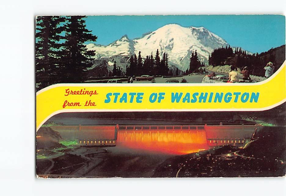Postcard Mt. Rainier & Grand Coulee Dam Greetings from the State of Washington