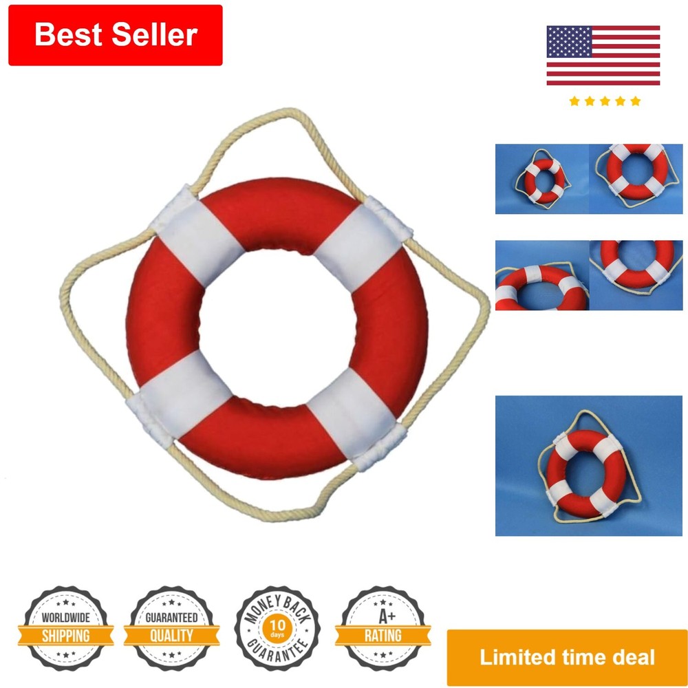 Handcrafted 6-Inch Coastal Life Ring Decoration: Vibrant Red with White Bands