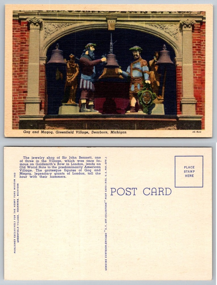 Gog & Magog Greenfield Village Dearborn Michigan Curteich Postcard
