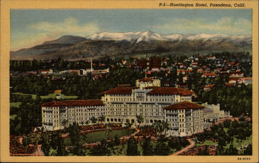 Huntington Hotel Pasadena California ~ aerial view ~ unused 1940s linen postcard