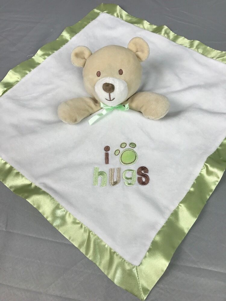 Baby Gear Tan Brown Bear White Green Satin Security Blanket I Paw Print Hugs