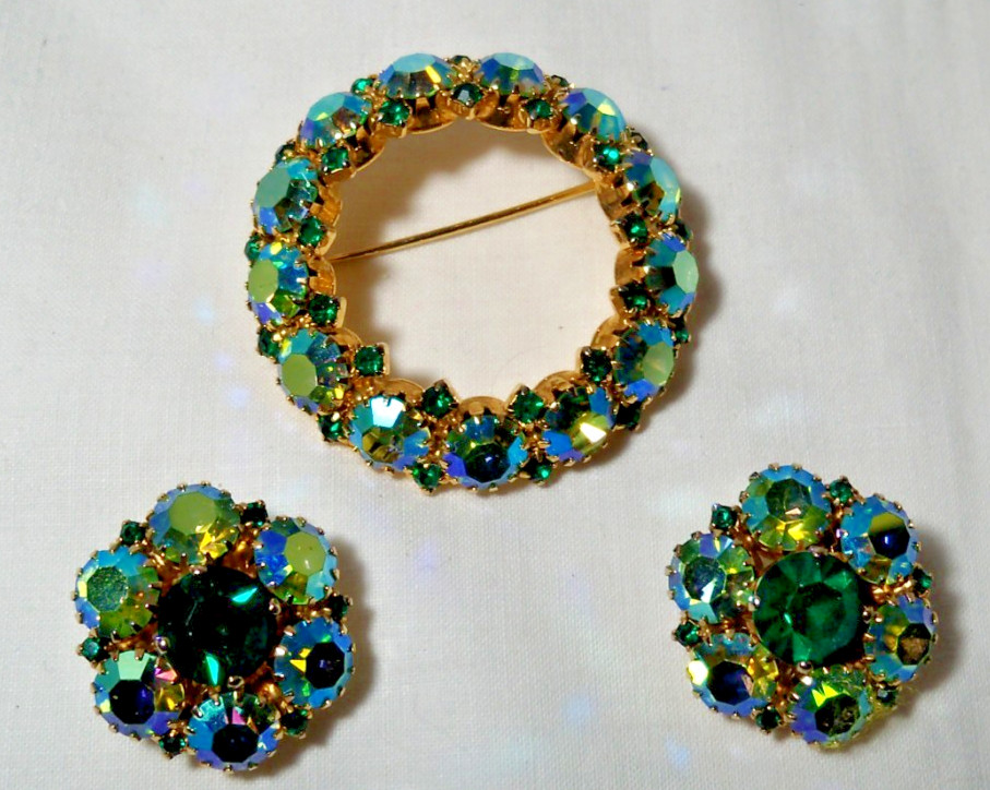 Vintage Warner Blue & Green AB & Clear Rhinestone Brooch Clip Earrings