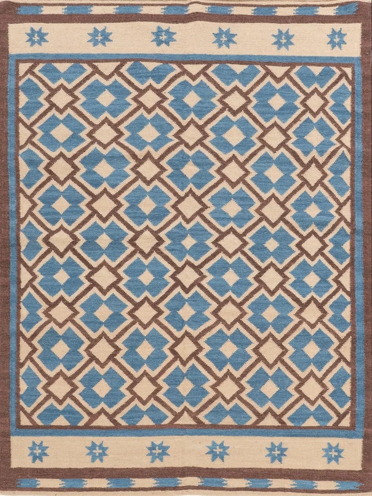Handwoven Wool Dhurrie Rug Color Blue & Brown, Beige Handmade Design Carpet Rug