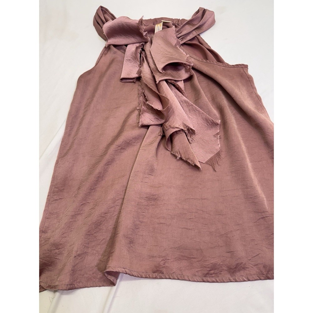 Adiva Pink Silky Ruffle Bow Halter Tank Top Size Medium Boho Distressed Dressy