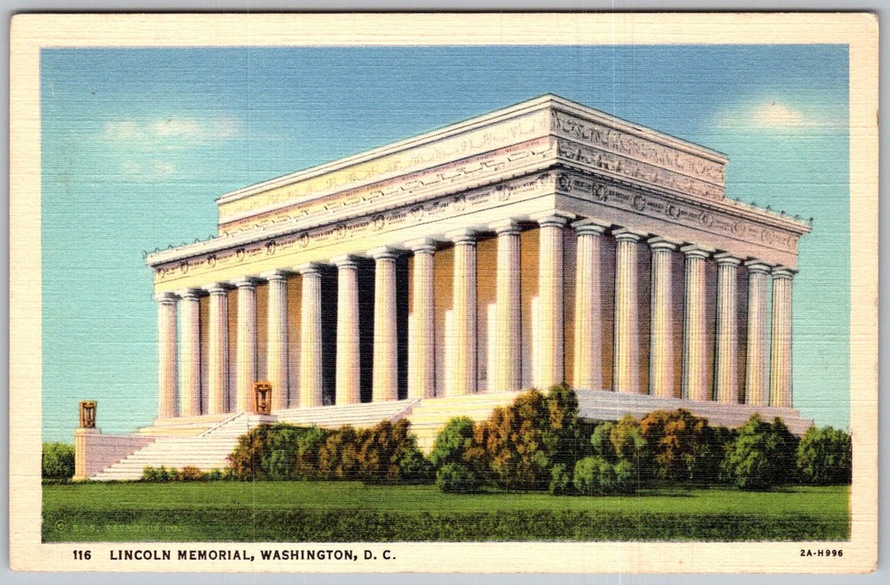 Vtg Linen Postcard Lincoln Memorial Reflecting Washington, DC 1940s