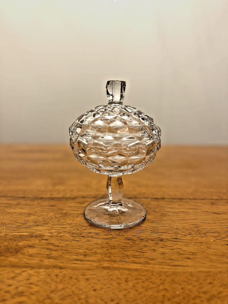 Vintage Fostoria American Covered Clear Glass Pedestal Candy Dish Compote 7”