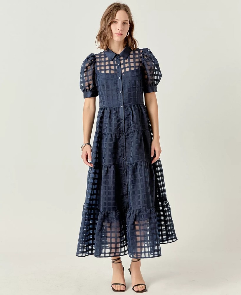English Factory Women's Gridded Organza Tiered Maxi Dress Dark navy Size Large