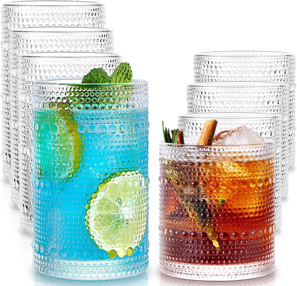 Hobnail Drinking Glasses Set of 8 4 Highball Glasses 15oz,4 Rocks Glasses