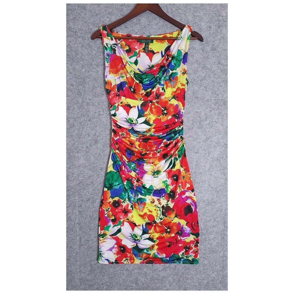 Lauren Ralph Lauren Floral Ruched Draped Neck Sheath Dress Size 8