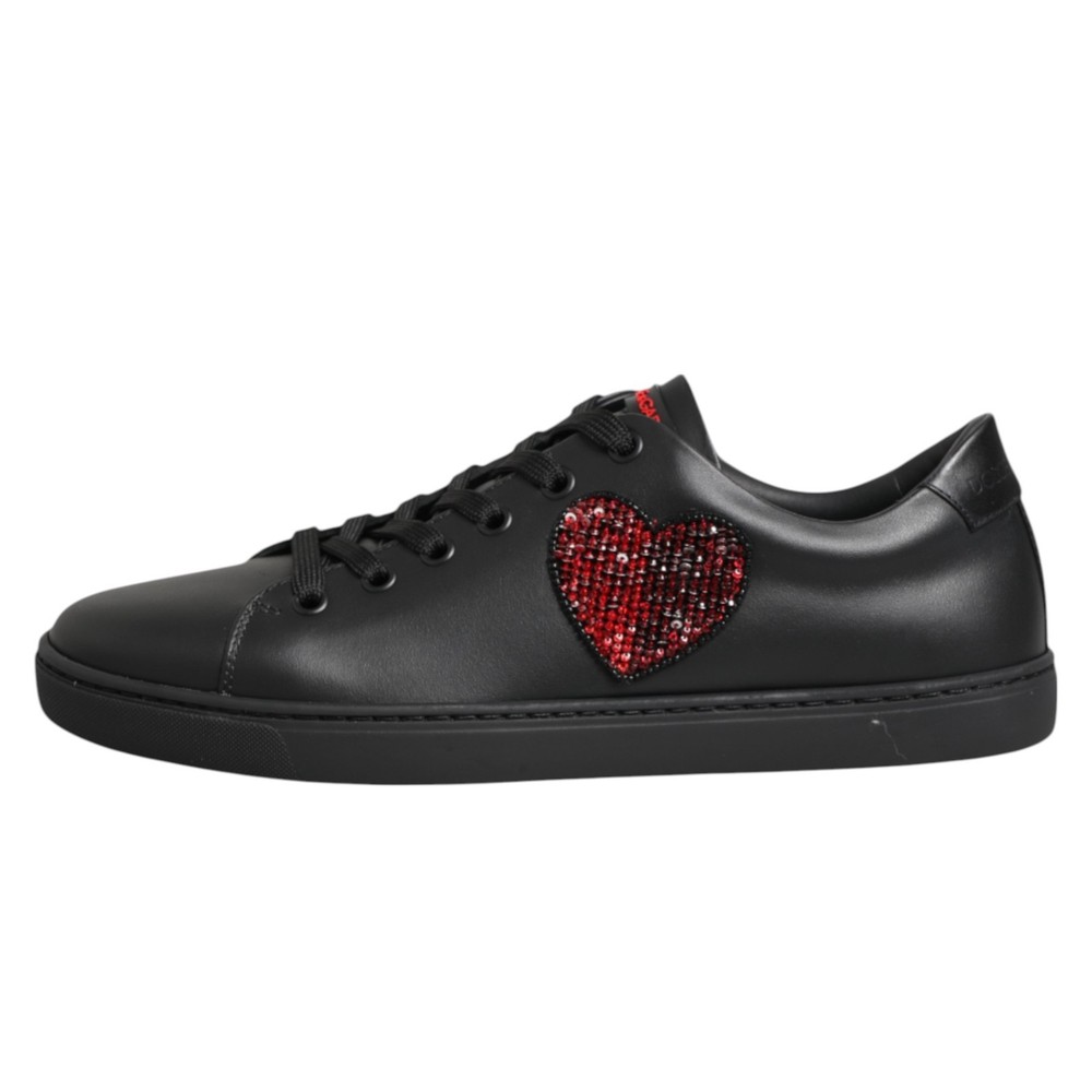 DOLCE & GABBANA Shoes Black Leather Crystal Heart Low Top Sneakers EU37/US6.5