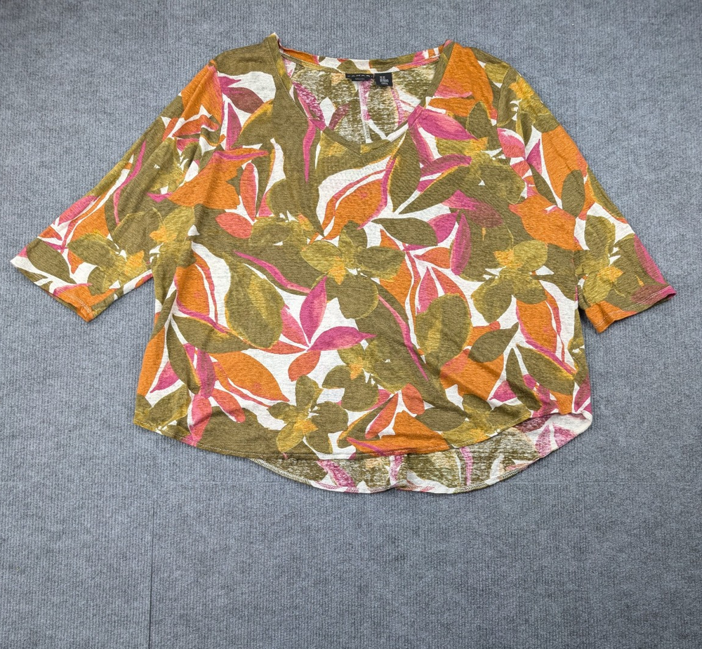 Tahari Linen Shirt Womens 2X Coastal Resort Neutral Floral Beach Natural Fiber