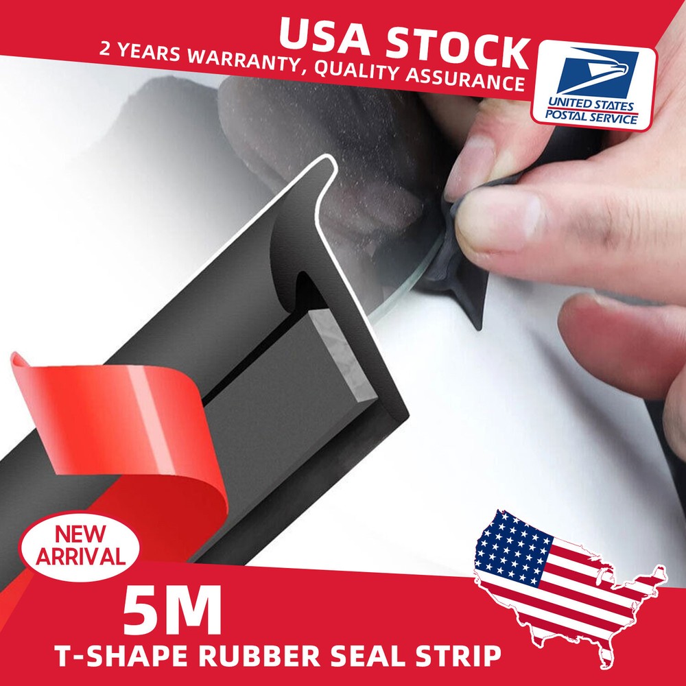 5M T-Shape Black Rubber Seal Strip Sound Insulation For Car Doors/Hood/Trunk