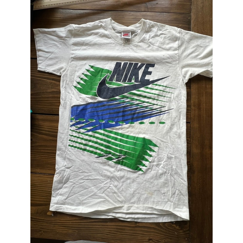 Vintage 90s Nike Graphic T-Shirt Made in USA White Abstract Swoosh Mens Medium-image